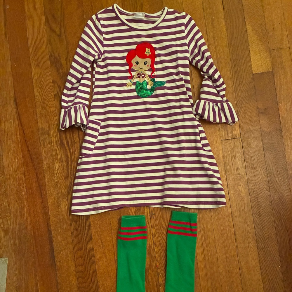 Purple Striped Dress with Green Socks